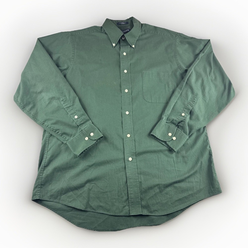 Chaps Twill Shirt Mens L Green Long Sleeve Button Up Preppy Wrinkle Free Casual